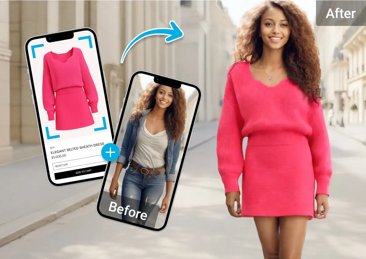 Fashion model using AI clothes virtual try-on