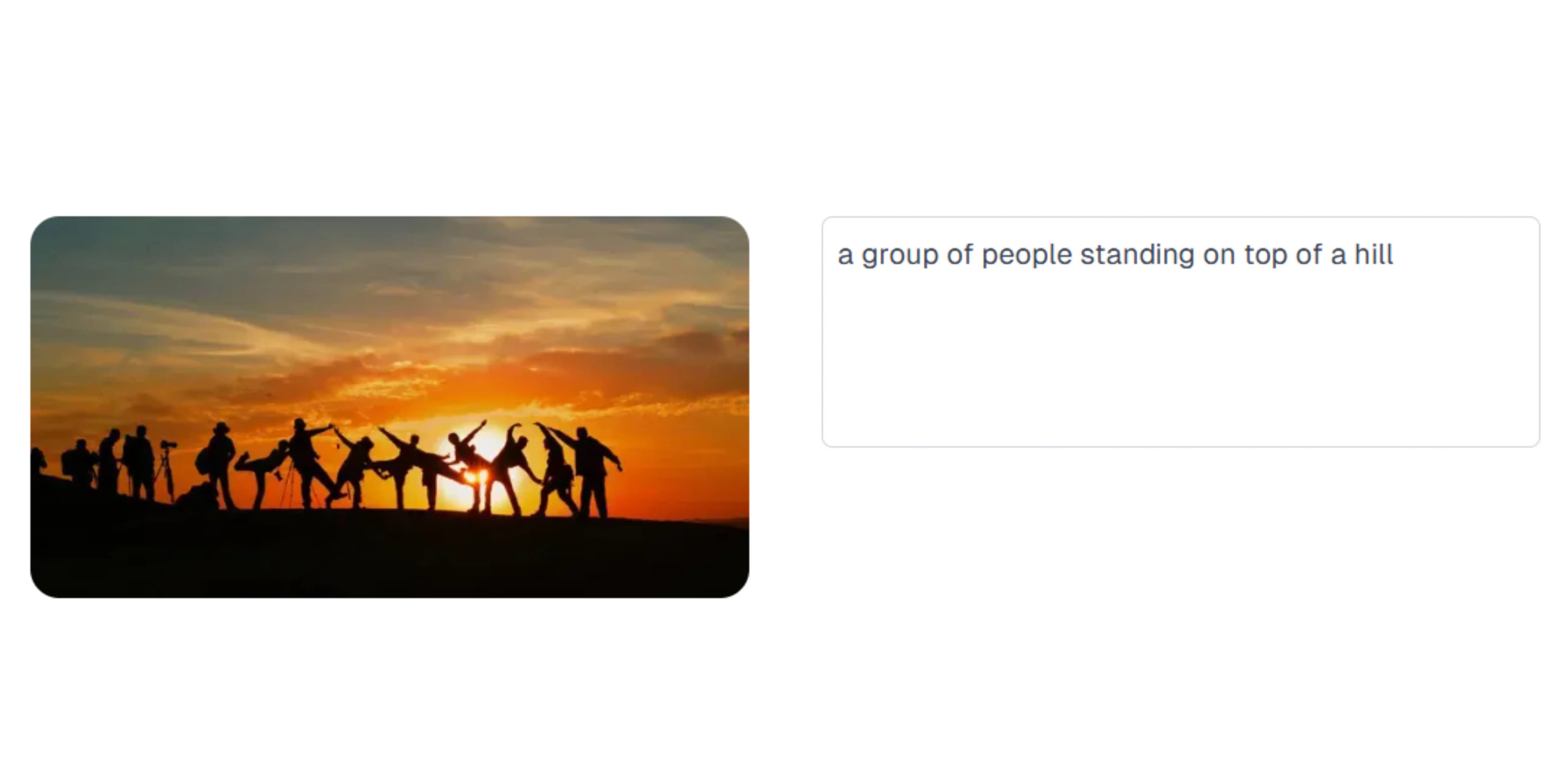 Example showing an AI-generated caption for a photo of a sunset over mountains with text overlay demonstrating the captioning feature