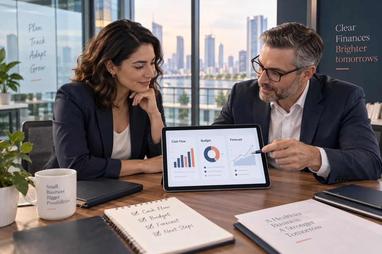 Business owner reviewing an AI-assisted cash-flow forecast