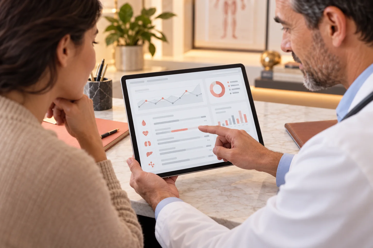 Person reviewing laboratory results with an AI medical report assistant